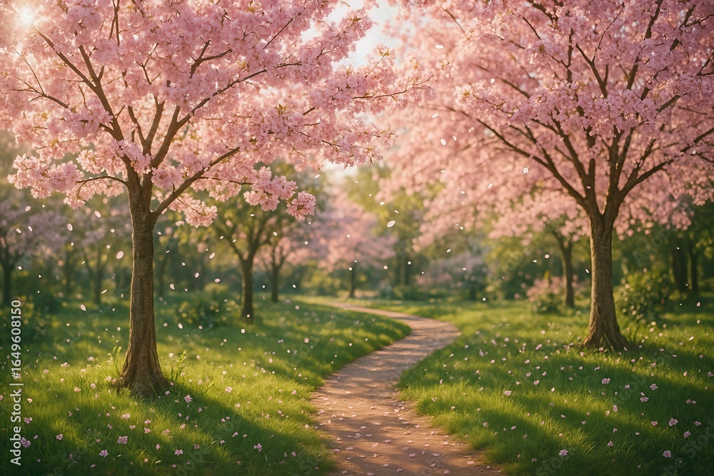 Naklejka premium Cherry blossom trees in spring park wallpaper