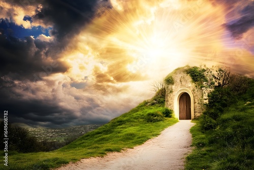 A path leading to an ancient door under a dramatic sky, with a faint yet luminous presence of jesus suggesting the importance of following divine will