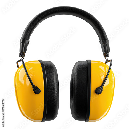 Yellow and black ear defenders for protection from loud noises, isolated on white or transparent background