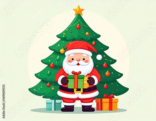 Cartoon santa claus with christmas tree