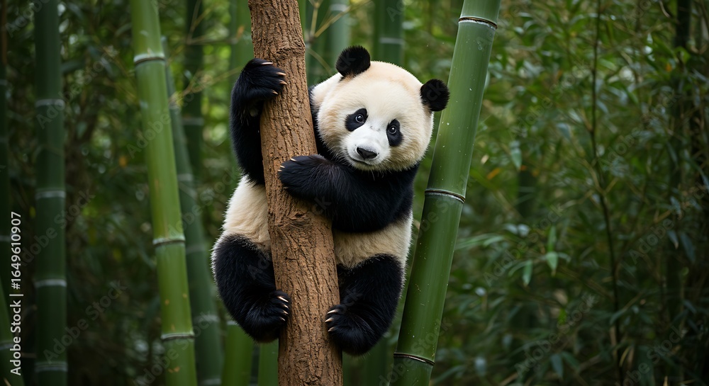 Obraz premium Adorable Giant Panda Cub Climbing a Tree