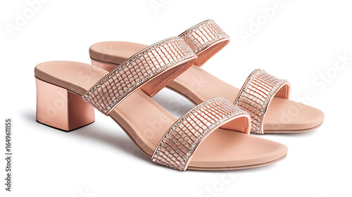 A pair of rose gold heeled sandals with embellished straps on a white background studio shot
