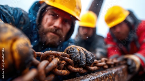 Three rugged workers focus on a heavy chain at a construction site, their expressions reflecting dedication, teamwork, and the challenges faced in demanding laborious environments.