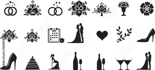 Silhouette set of Event planning and wedding icons with wedding rings, floral arrangements, event calendars, and champagne glasses