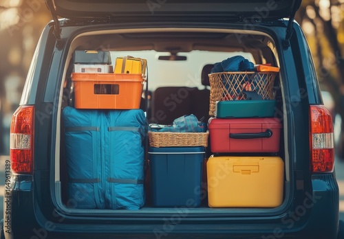 Car trunk packed with colorful luggage and camping gear