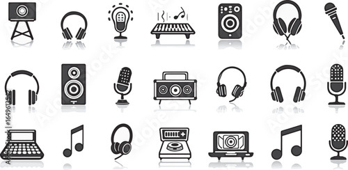 Silhouette set of Music and audio production icons with headphones, speakers, mixing consoles, and microphones, clean minimal vector style