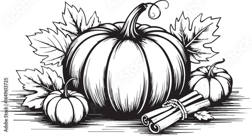 Autumn harvest pumpkins cinnamon sticks fallen leaves gourds