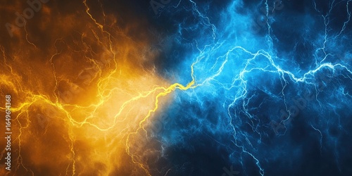 Abstract energy clash of orange and blue electrical discharges