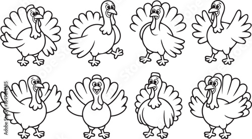 Eight happy cartoon turkeys with fanned tails fowl bird