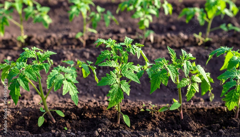 Obraz premium Young tomato plants growing in rows.