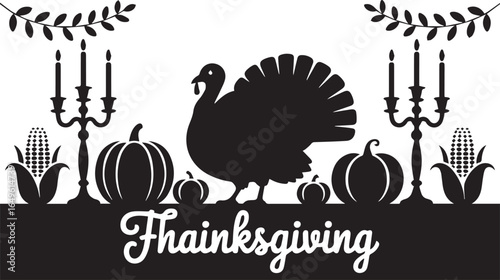 Thanksgiving turkey pumpkins corn candelabra foliage text vector