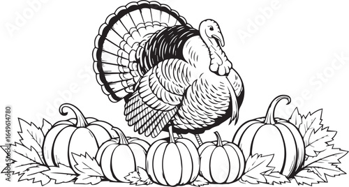 Turkey and pumpkins with autumn leaves fall harvest