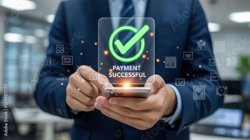 Wallpaper Mural Person with "PAYMENT SUCCESSFUL" Phone, digital transaction and online security, future technology. Torontodigital.ca