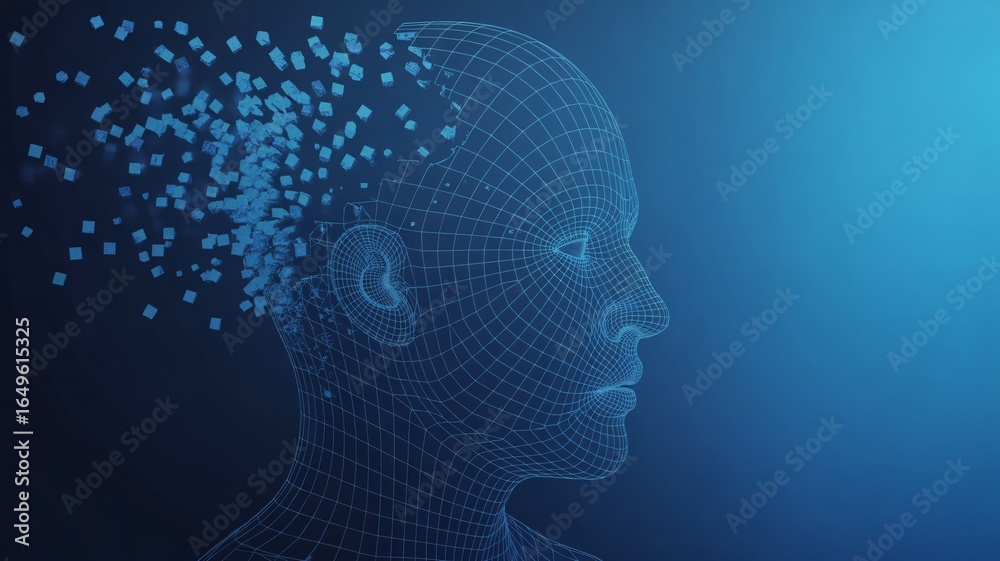 Obraz premium Abstract digital human head with data flowing out, futuristic AI concept, technology background
