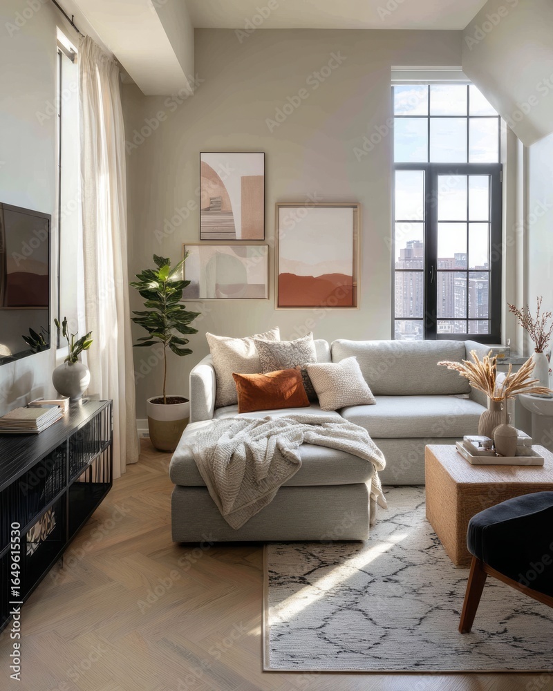 Fototapeta premium Cozy minimalist living room interior with white sofa and warm accents