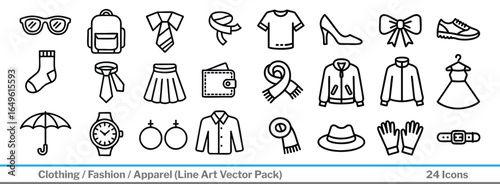 Fashionable apparel collection icons, outfit creation inspiration, modern style guide, trendy clothes assortment