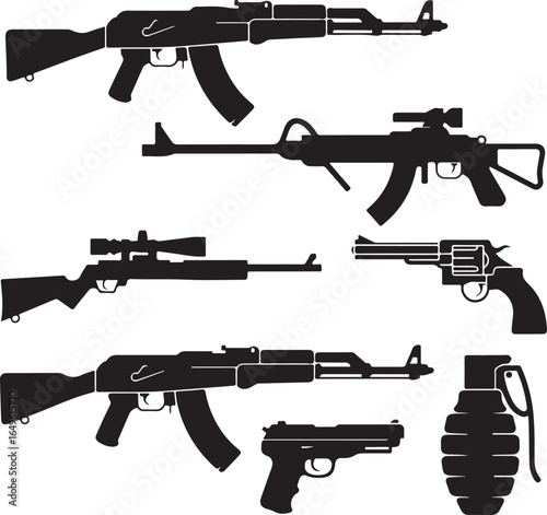 Collection of Black Silhouettes of Various Firearms and Grenade rifle pistol