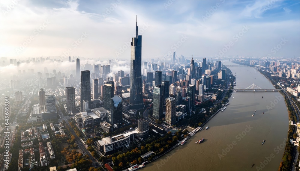 Obraz premium Nanjing skyline with zifeng tower and yangtze river emerging from fog
