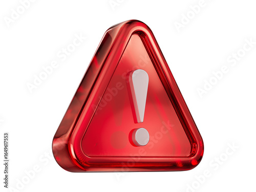 Red glossy caution or alert 3d icon on transparent and white background. Attention mark icon with camera angle.