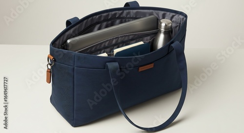 紺色トートバッグ中身充実 上品な光沢 収納力抜群. AI Generated