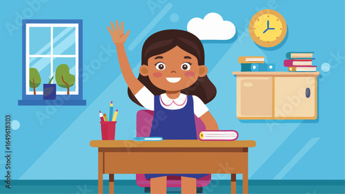 Smiling cartoon schoolgirl raising her hand while sitting at a desk in a bright classroom with books and supplies