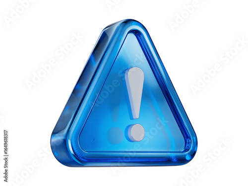 Blue glossy caution or alert 3d icon on transparent and white background. Attention mark icon with camera angle.