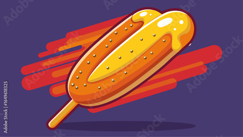 Glossy cartoon corndog with melted cheese and sprinkles on a stick over a dynamic purple and red background