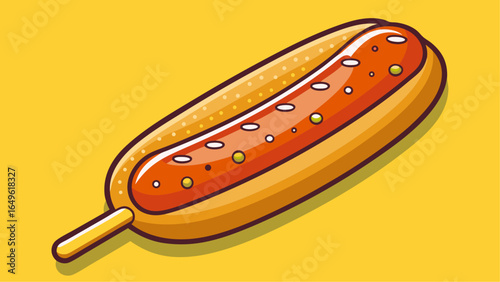 Minimalist cartoon corndog with ketchup and colorful toppings on a stick over a solid yellow background