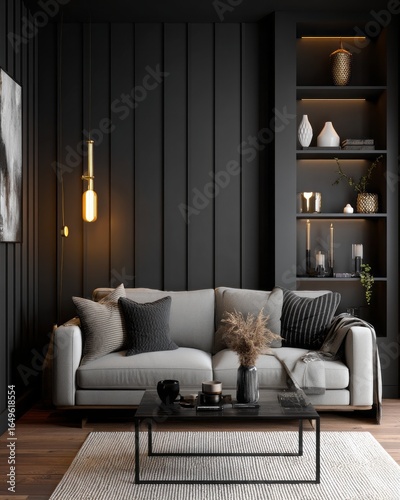 Modern living room with a light gray sofa and dark accents.