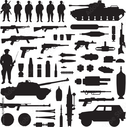 Military Equipment Silhouettes Including Soldiers Tanks Weapons And Ammunition army combat