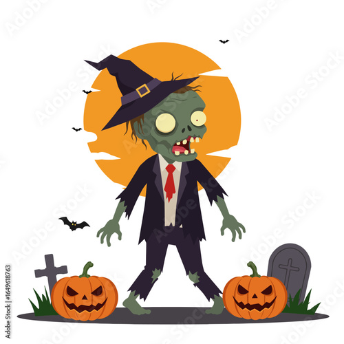A ghoulish cartoon zombie in a torn business suit and a black witch hat with a vacant wideeyed stare.