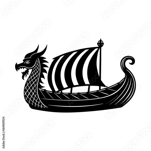Viking ship with dragon head silhouette vector illustration
