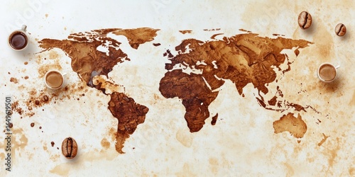 World map drawn with coffee stains on a white surface, with coffee cups and beans scattered around