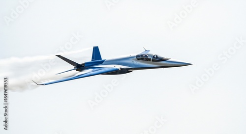 Sleek blue jet plane gracefully flies leaving a vapor trail against a bright white sky. AI Generated