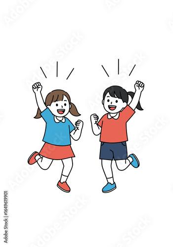 Two happy children jumping with joy and excitement outdoors