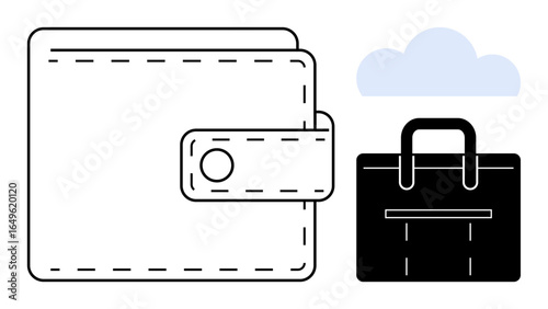 Wallet with clasp, briefcase, and cloud element communicating finance, business, secure storage, and digital integration. Ideal for finance, management, e-commerce digital economy cloud solutions