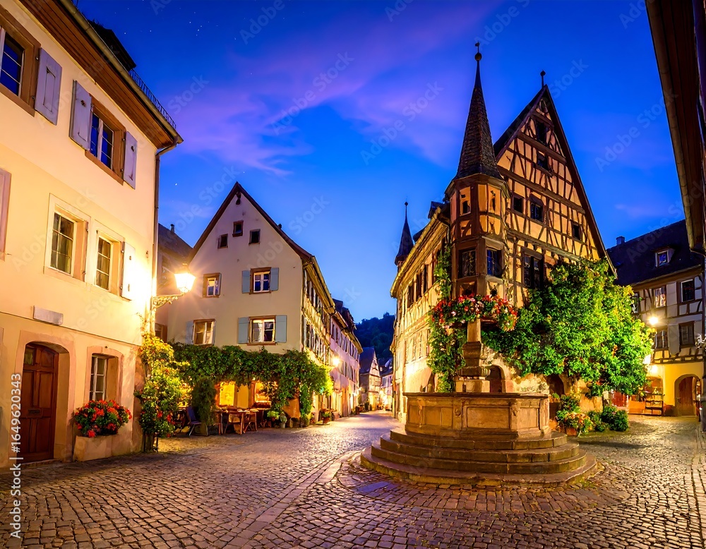 Fototapeta premium Cobblestone street at twilight in a historic European town.