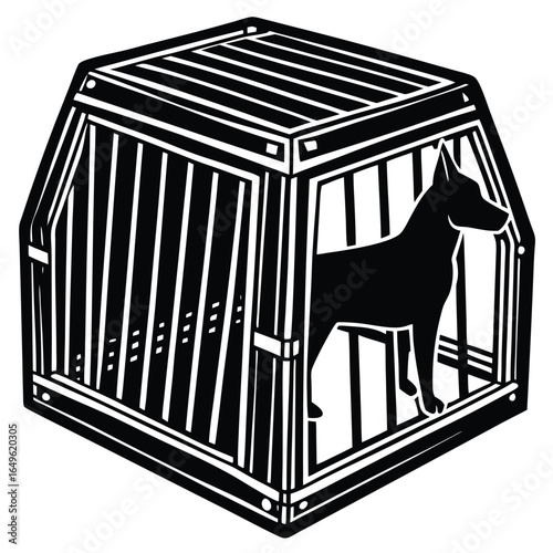 Simple silhouette of a dog in a crate for pet care or animal shelter designs