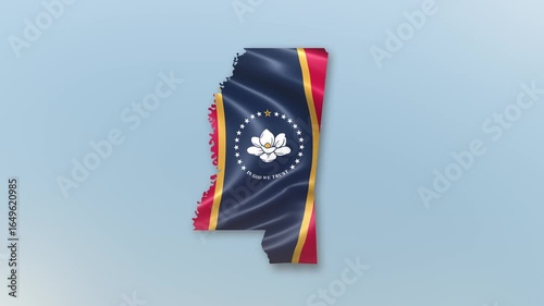 US State of Mississippi Flag Hoisting and Zoom to reveal the State Border Map with Waving Flag Intro which is useful for news, political events, sports intros and presentation.