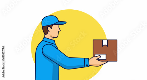 Delivery Person in Blue Uniform Holding a Cardboard Package.