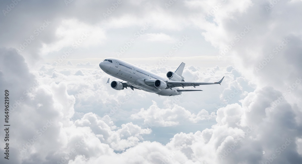 Obraz premium White airplane gracefully ascends through dramatic overcast sky. AI Generated