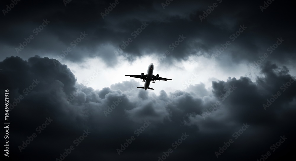 Fototapeta premium Silhouetted airplane bravely flies through dark ominous storm clouds. AI Generated
