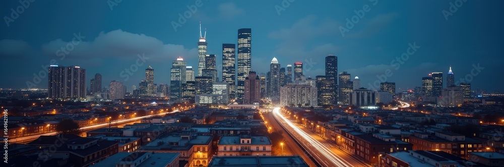 Fototapeta premium City skyline at twilight, illuminated by lights.