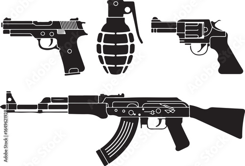 Black silhouette icons of handgun revolver grenade and assault rifle pistol firearm
