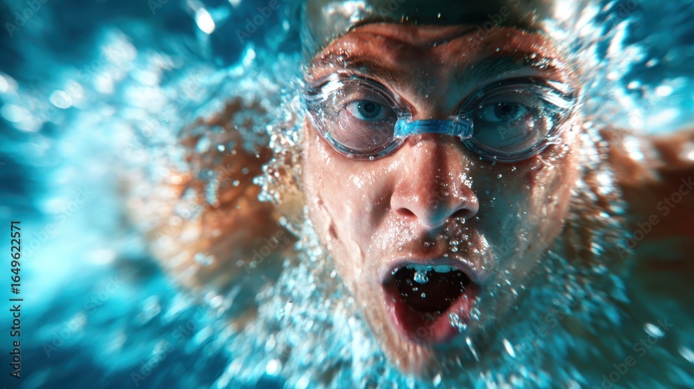 An intense swimmer captured underwater mid-stroke, showcasing determination and focus with water splashing around, illustrating the essence of competitive swimming performance. An intense swimmer captured underwater mid-stroke, showcasing determination and focus with water splashing around, illustrating the essence of competitive swimming performance.
