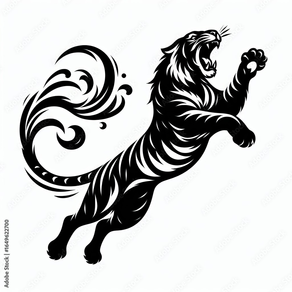 Fototapeta premium Stylized black tiger leaping with ornate swirling tail