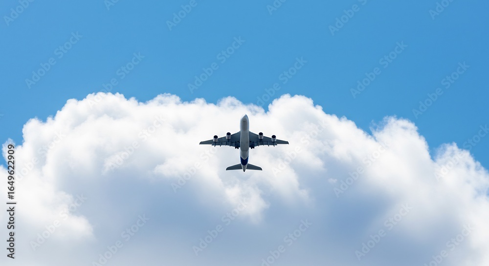 Fototapeta premium Airplane soars gracefully above fluffy white clouds under bright sunlight. AI Generated