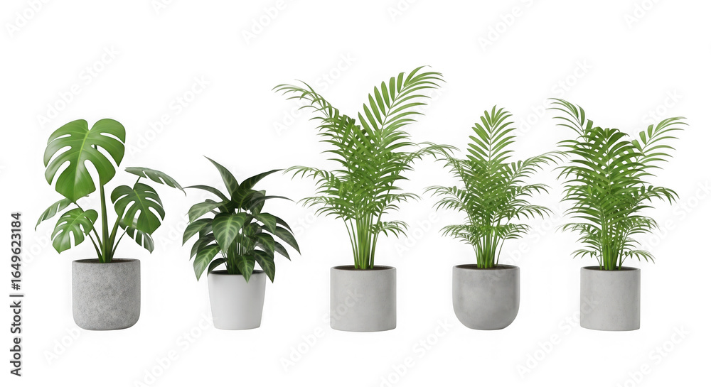 Fototapeta premium Collection of five potted indoor plants against a black background