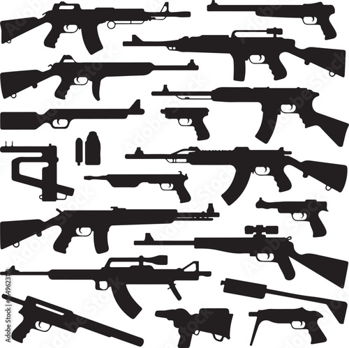 Assortment of firearm silhouettes including rifles, pistols, and ammunition weapon