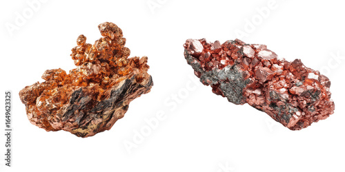 Sparkling Copper Nuggets: Close-up studio shot of two natural copper specimens, the rich orange-brown hues of the metal shine against a subtle backdrop, with focus on the intricate textures.